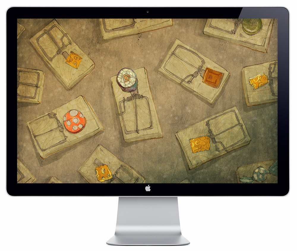 illustration with a mouse-trap pattern on an apple monitor